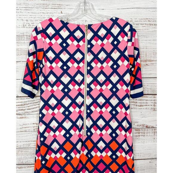 Eliza J Women's Geometric Short Sleeve Stretch Sheath Dress Pink Blue Size 4P - Picture 12 of 14